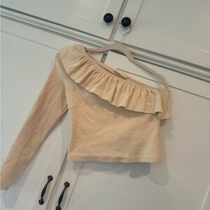 Anthropologie Tan Ruffled Long Sleeve Crop Top